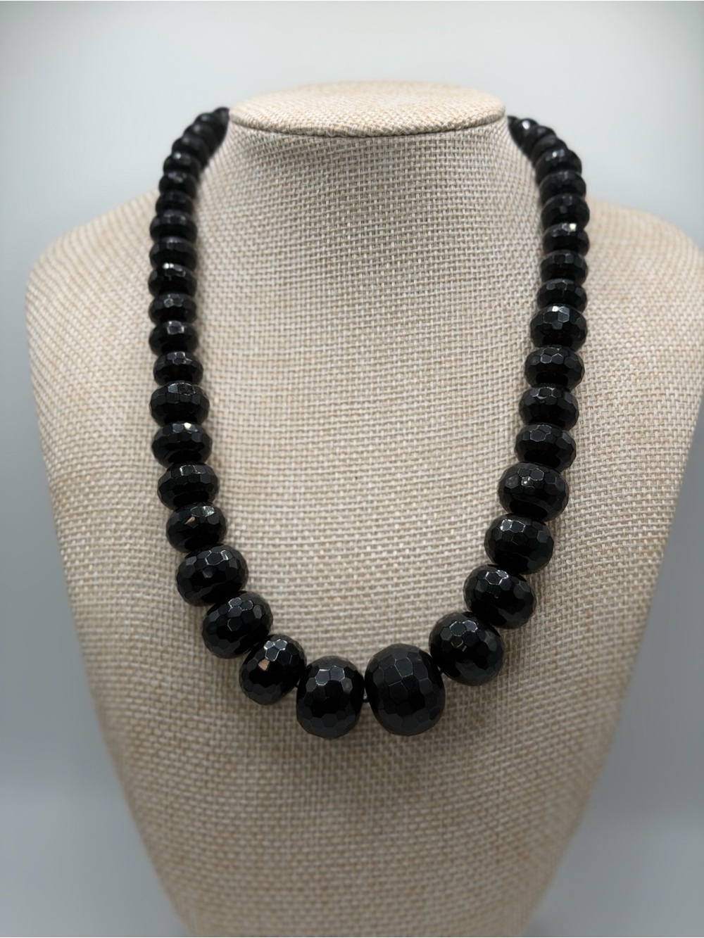 Black Faceted Bead Graduated Statement Necklace Chunky Adjustable